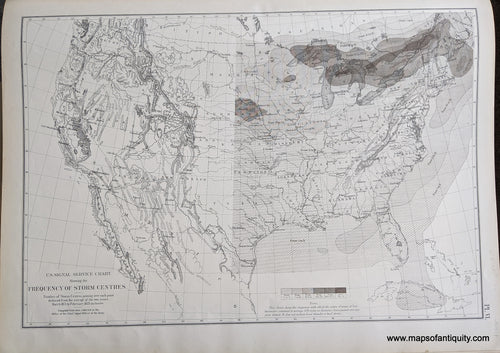 Genuine-Antique-Map-U.S.-Signal-Service-Chart-showing-the-Frequency-of-Storm-Centres.-United-States--1874-Walker-/-Bien-Maps-Of-Antiquity-1800s-19th-century