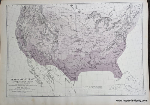 Genuine-Antique-Map-Temperature-Chart-of-the-United-States-showing-the-Distribution-by-Isothermal-Lines-of-the-Mean-Temperature-for-the-Year.-United-States--1874-Walker-/-Bien-Maps-Of-Antiquity-1800s-19th-century