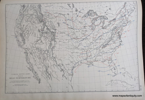 Genuine-Antique-Map-U.S.-Signal-Service-Chart-showing-the-Mean-Temperature.-United-States--1874-Walker-/-Bien-Maps-Of-Antiquity-1800s-19th-century