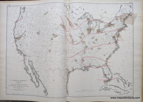 Genuine-Antique-Map-U.S.-Signal-Service-Chart-showing-Annual-Means-of-Barometer-and-Total-Movement-of-Air-with-Resultants-from-June-1872-to-May-1873-Inclusive.-United-States--1874-Walker-/-Bien-Maps-Of-Antiquity-1800s-19th-century