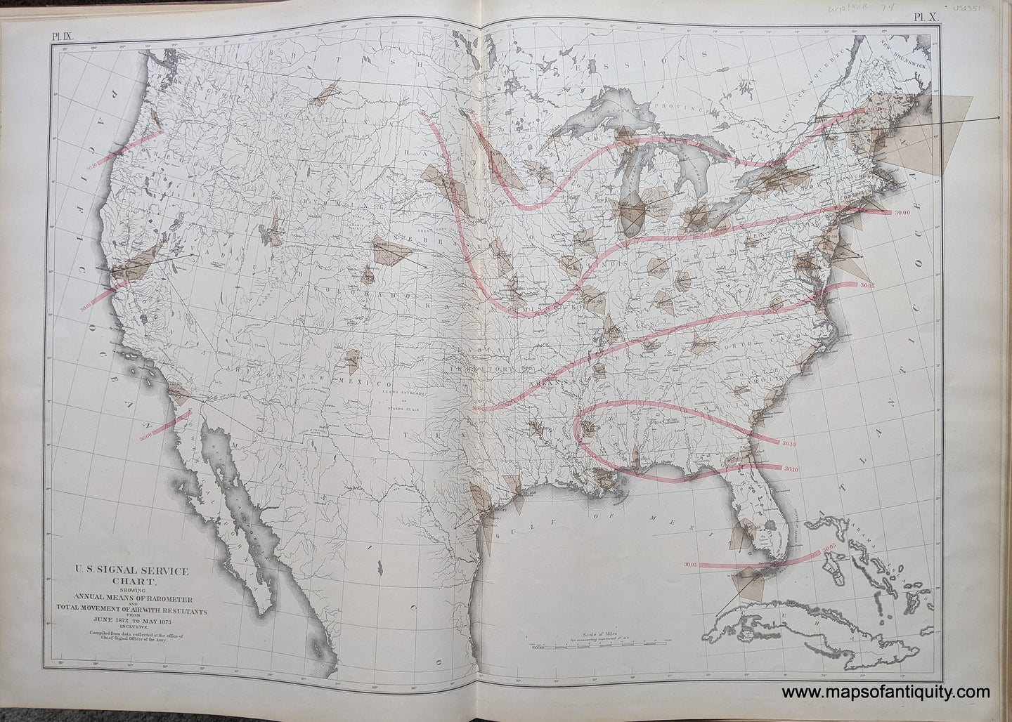 Genuine-Antique-Map-U.S.-Signal-Service-Chart-showing-Annual-Means-of-Barometer-and-Total-Movement-of-Air-with-Resultants-from-June-1872-to-May-1873-Inclusive.-United-States--1874-Walker-/-Bien-Maps-Of-Antiquity-1800s-19th-century