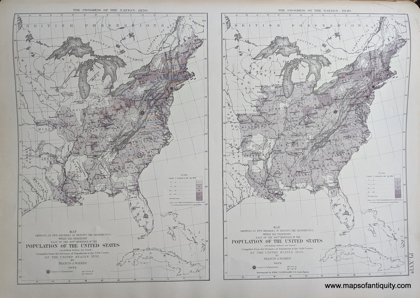 Genuine-Antique-Map-The-Progress-of-the-Nation-1830-&-1840-United-States--1874-Walker-/-Bien-Maps-Of-Antiquity-1800s-19th-century