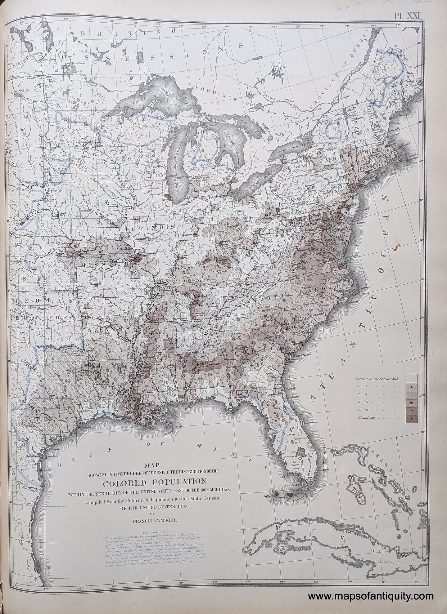 Genuine-Antique-Map-Map-Showing-in-Five-Degrees-of-Density-the-Distribution-of-the-Colored-Population-within-the-Territory-of-the-United-States-East-of-the-100th-Meridian.-United-States--1874-Walker-/-Bien-Maps-Of-Antiquity-1800s-19th-century