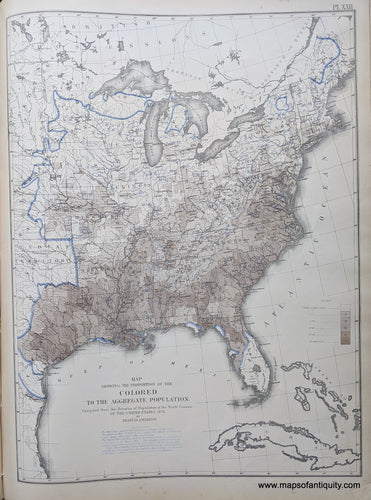Genuine-Antique-Map-Map-Showing-the-Proportion-of-the-Colored-to-the-Aggregate-Population.-United-States--1874-Walker-/-Bien-Maps-Of-Antiquity-1800s-19th-century