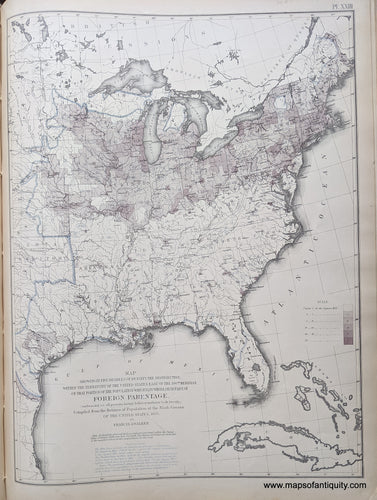 Genuine-Antique-Map-Map-showing-in-Five-Degrees-of-Density-the-Distribution-within-the-Territory-of-the-United-States-East-of-the-100th-Meridian-of-that-portion-of-the-Population-which-is-in-whole-or-in-part-of-Foreign-Parentage-(embracing-i.e.-all-persons-having-father-or-mother-or-both-foreign.)-United-States--1874-Walker-/-Bien-Maps-Of-Antiquity-1800s-19th-century