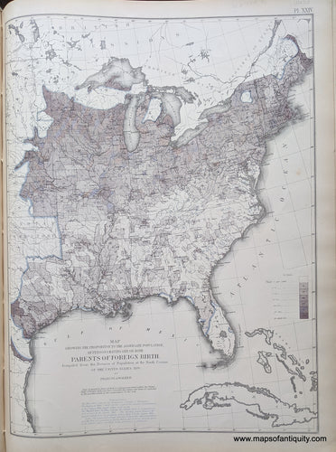 Genuine-Antique-Map-Map-showing-the-Proportion-to-the-Aggregate-Population-of-Persons-having-One-or-Both-Parents-of-Foreign-Birth.-United-States--1874-Walker-/-Bien-Maps-Of-Antiquity-1800s-19th-century