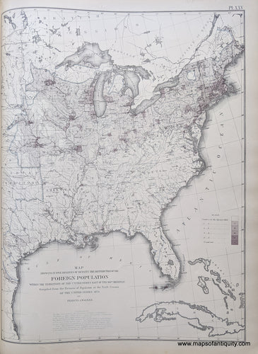 Genuine-Antique-Map-Map-showing-in-Five-Degrees-of-Density-the-Distribution-of-the-Foreign-Population-within-the-Territory-of-the-United-States-East-of-the-100th-Meridian-United-States--1874-Walker-/-Bien-Maps-Of-Antiquity-1800s-19th-century