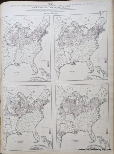 Genuine-Antique-Map-Maps-showing-the-Distribution-within-the-Territory-of-the-United-States-East-of-the-100th-Meridian-of-Certain-Foreign-Elements-of-the-Population.-Shows-percentage-of-the-population-of-Irish-and-German-people.-United-States--1874-Walker-/-Bien-Maps-Of-Antiquity-1800s-19th-century