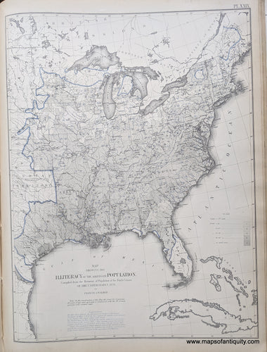 Genuine-Antique-Map-Map-Showing-the-Illiteracy-of-the-Aggregate-Population-United-States--1874-Walker-/-Bien-Maps-Of-Antiquity-1800s-19th-century