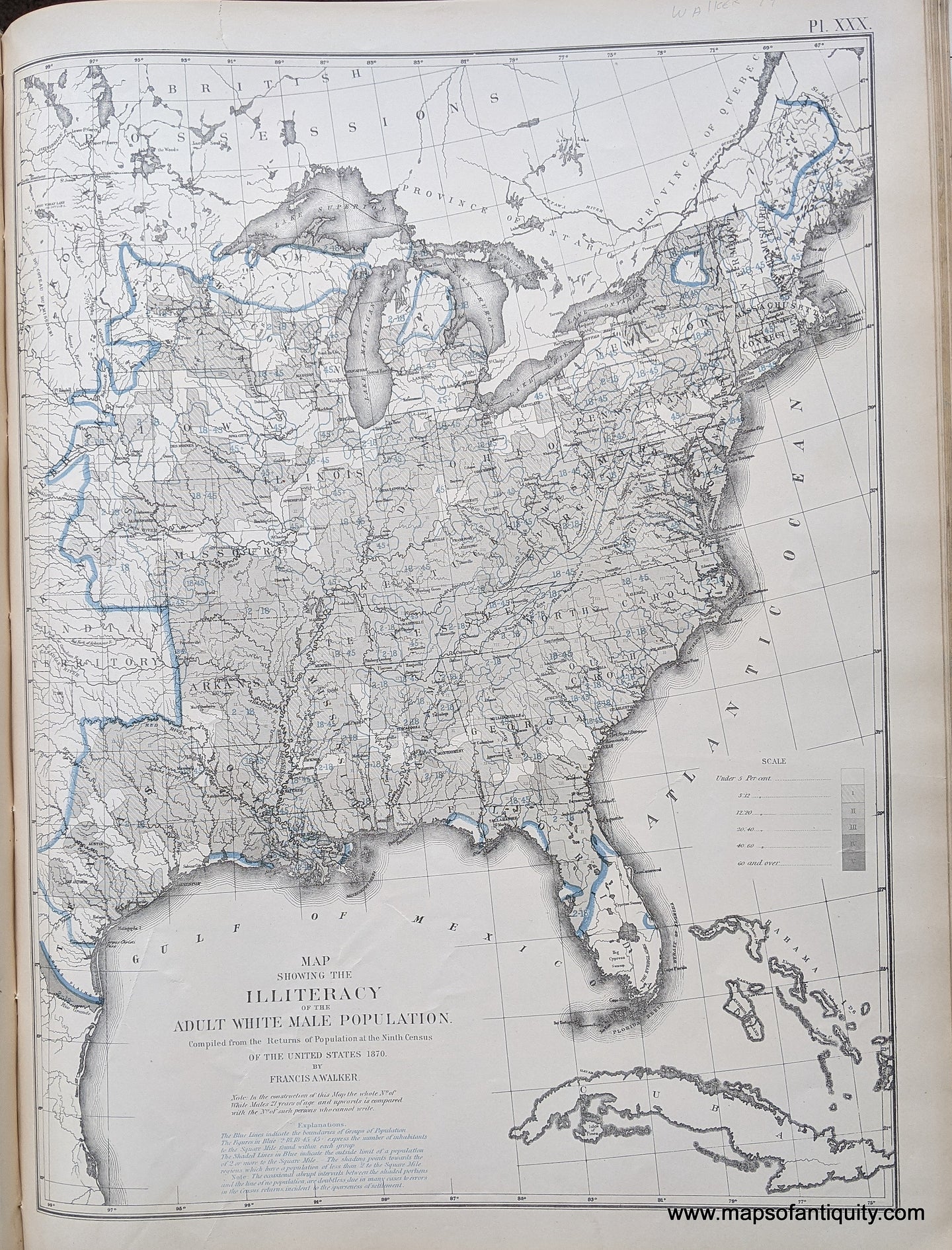 Genuine-Antique-Map-Map-Showing-the-Illiteracy-of-the-Adult-White-Male-Population-United-States--1874-Walker-/-Bien-Maps-Of-Antiquity-1800s-19th-century