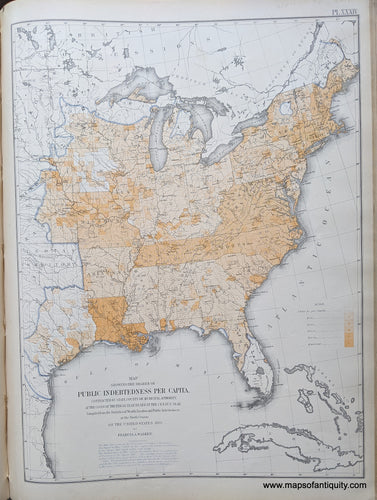 Genuine-Antique-Map-Map-Showing-the-Degree-of-Public-Indebtedness-per-Capita.-Contracted-by-State-County-or-Municipal-Authority-at-the-Close-of-the-Fiscal-Year-Nearest-the-Census-Year.-United-States--1874-Walker-/-Bien-Maps-Of-Antiquity-1800s-19th-century