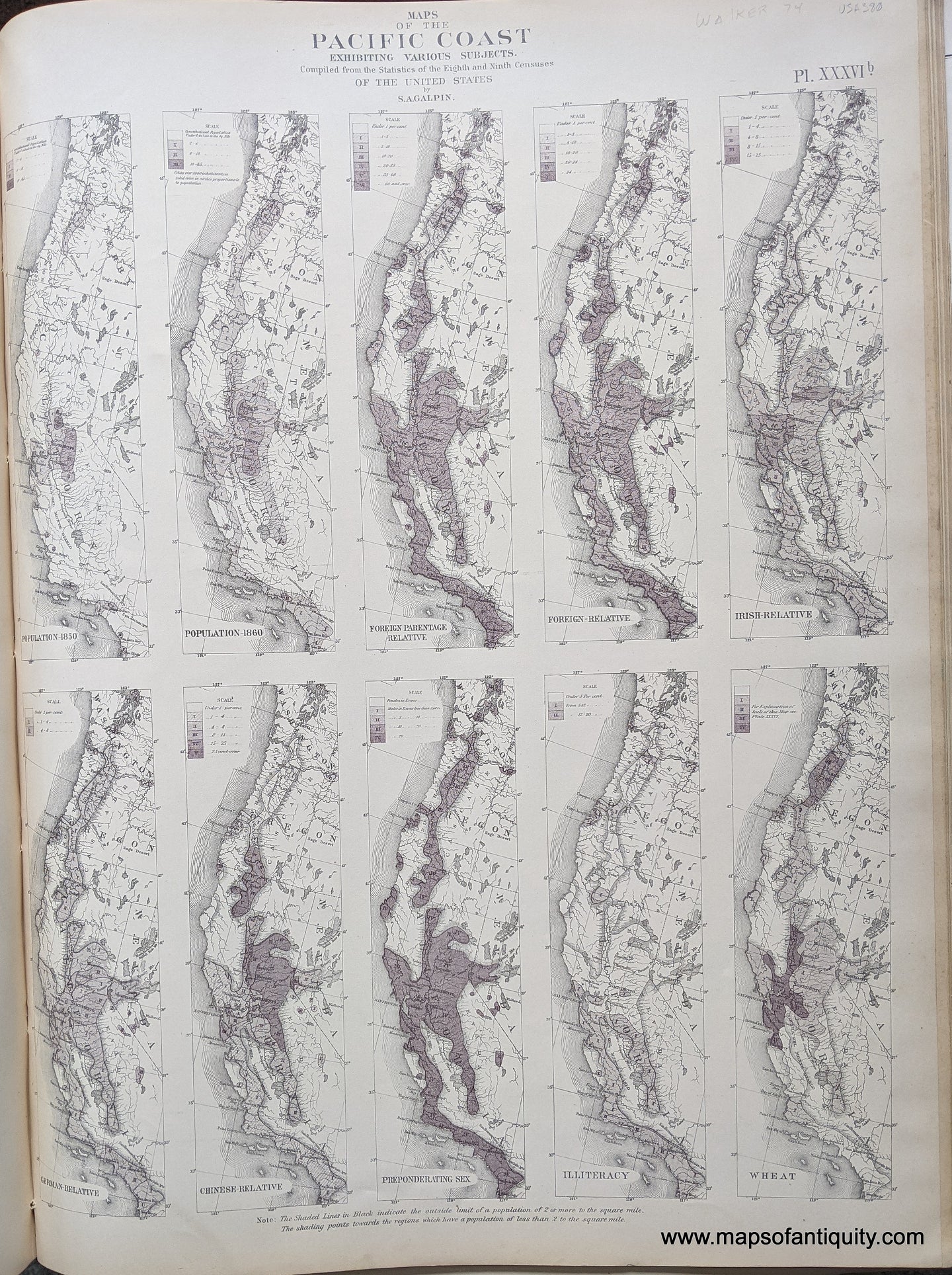 Genuine-Antique-Map-Maps-of-the-Pacific-Coast-exhibiting-Various-Subjects.-United-States--1874-Walker-/-Bien-Maps-Of-Antiquity-1800s-19th-century