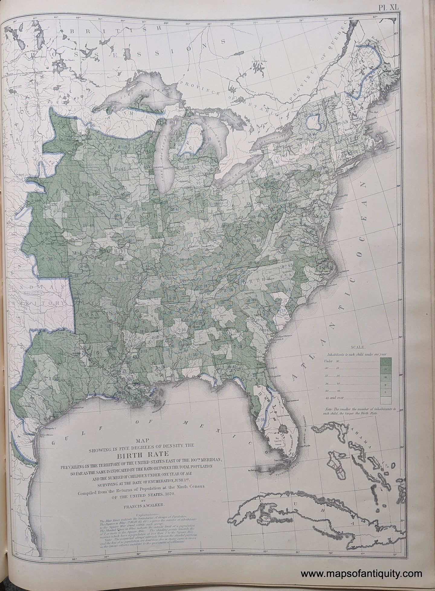 Genuine-Antique-Map-Map-showing-in-Five-Degrees-of-Density-the-Birth-Rate-prevailing-in-the-Territory-of-the-United-States-East-of-the-100th-Meridian-so-far-as-the-same-is-indicated-ny-the-Ratio-between-the-Total-Population-and-the-Number-of-Children-under-One-Year-of-Age-surviving-at-the-date-of-Ennumeration-June-1st.-United-States--1874-Walker-/-Bien-Maps-Of-Antiquity-1800s-19th-century