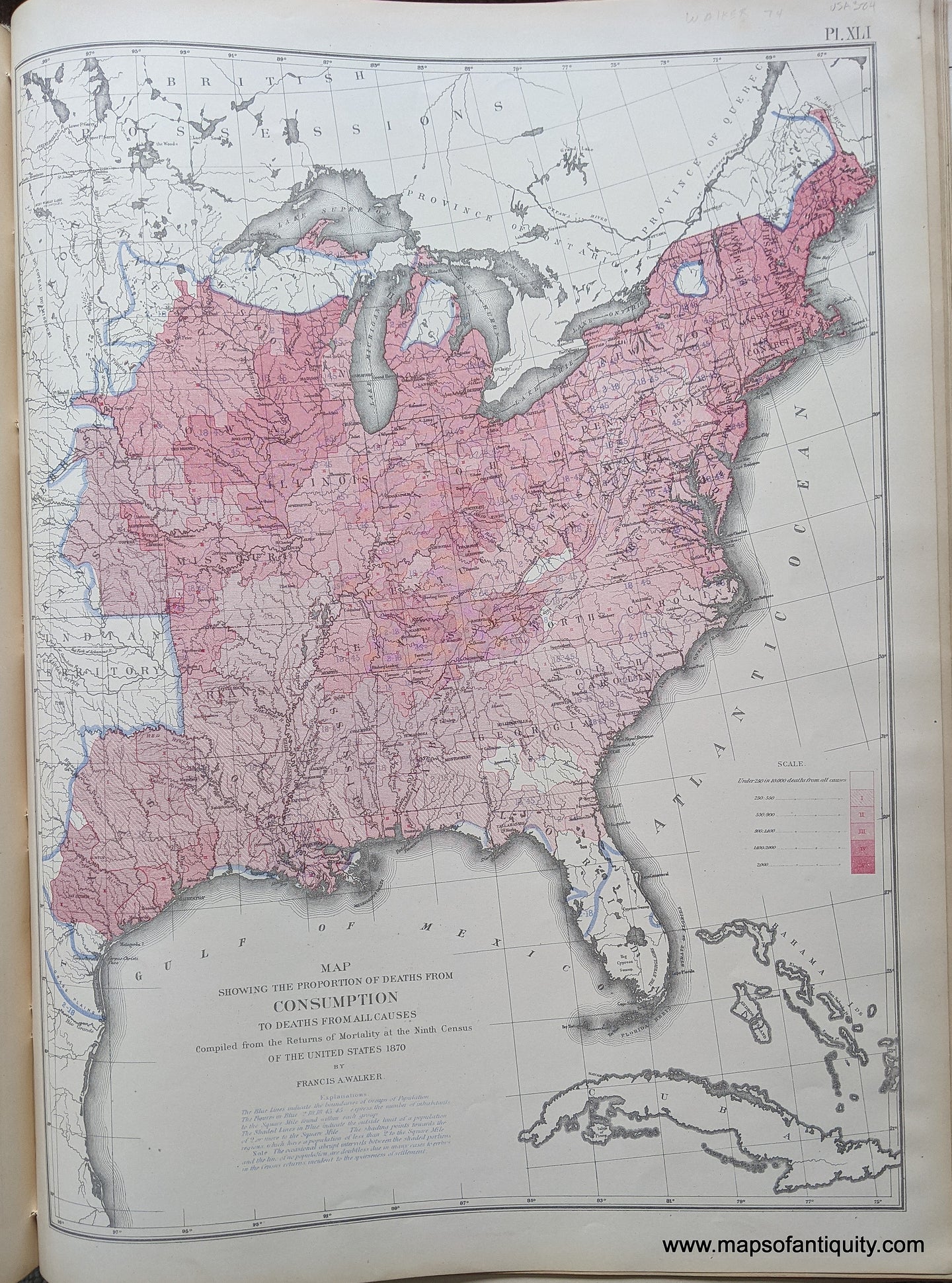 Genuine-Antique-Map-Map-Showing-the-Proportion-of-Deaths-from-Consumption-to-Deaths-from-All-Causes.-United-States--1874-Walker-/-Bien-Maps-Of-Antiquity-1800s-19th-century