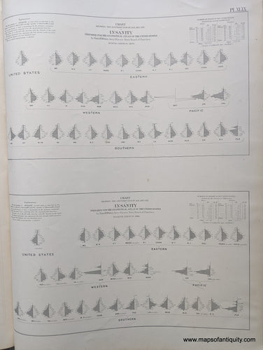 Genuine-Antique-Map-Chart-Showing-the-Distribution-by-Age-and-Sex-of-Insanity-in-1860-and-1870-United-States--1874-Walker-/-Bien-Maps-Of-Antiquity-1800s-19th-century