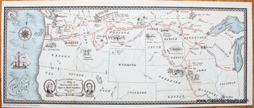 1927 - Map showing the route of the Lewis & Clark Expedition 1804-1806  - Antique Map