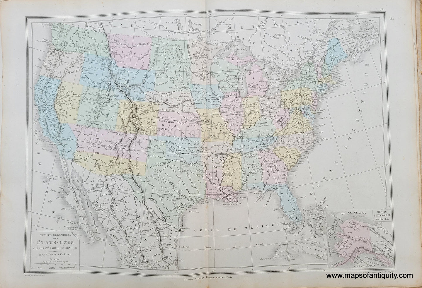 Genuine-Antique-Map-Carte-Physique-et-Politique-des-Etats-Unis-,-Canada-et-partie-du-Mexique--Physical-and-Political-Map-of-the-United-States,-parts-of-Canada-and-Mexico-1875-Drioux-&-Leroy-USA403-Maps-Of-Antiquity