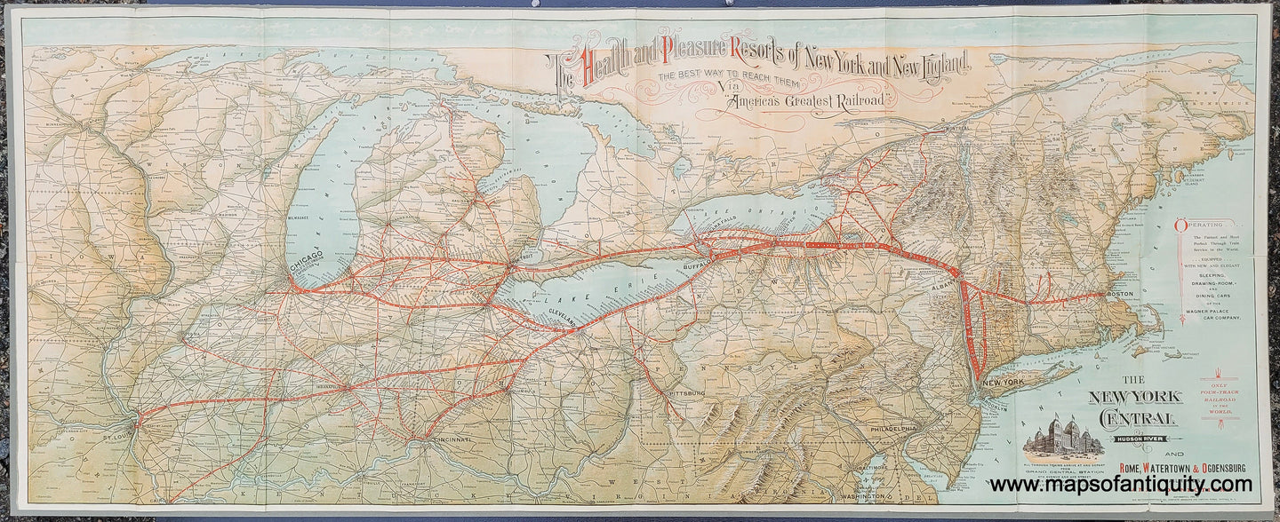 Genuine-Antique-Printed-Color-Pictorial-Map-The-Health-and-Pleasure-Resorts-of-New-York-and-New-England-the-Best-Way-to-Reach-Them-via--America's-Greatest-Railroad--1893-Matthews-Northrup-Co--Maps-Of-Antiquity