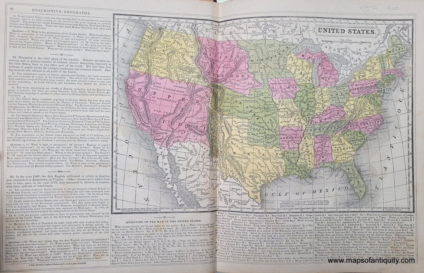 Genuine-Antique-Hand-Colored-Map-United-States-1850-Mitchell-Thomas-Cowperthwait-Co--Maps-Of-Antiquity