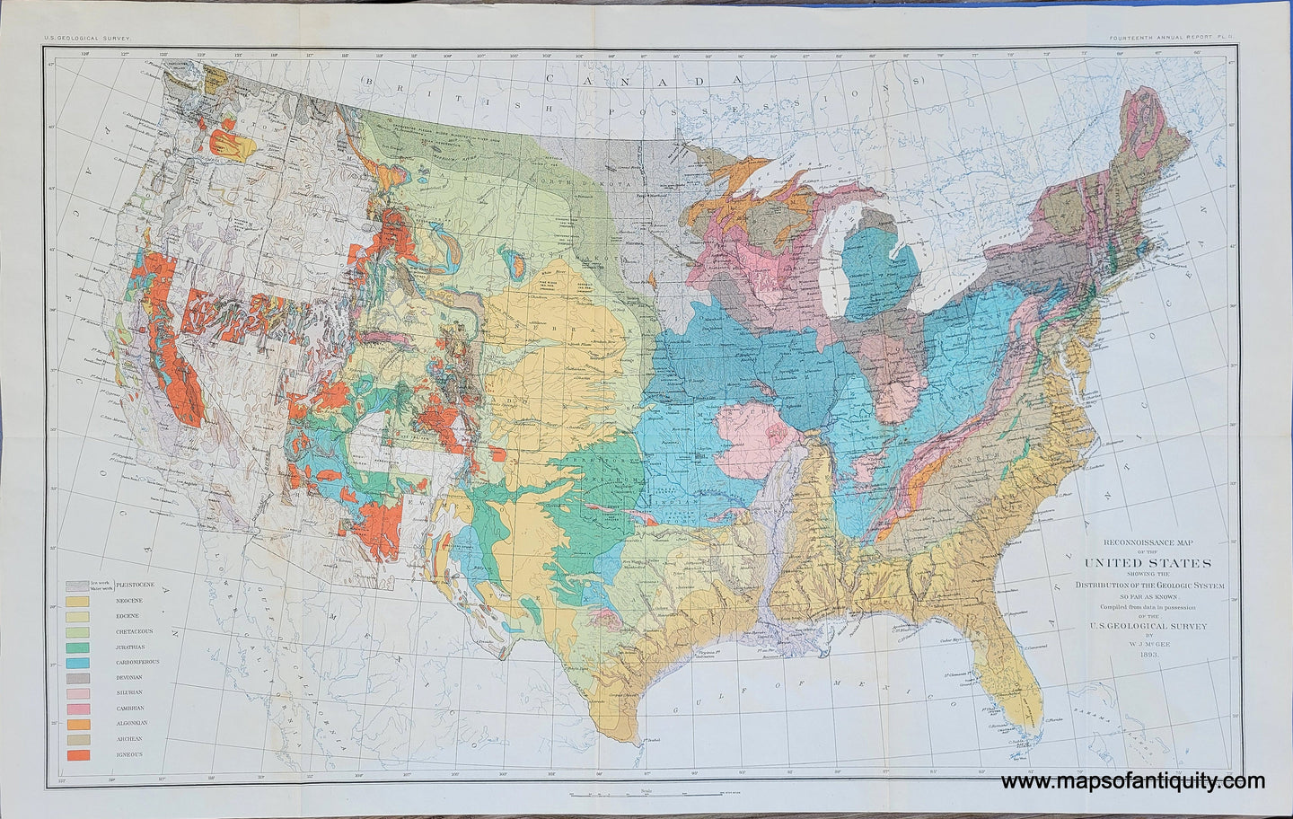 Genuine-Antique-Map-Reconnoissance-Map-of-the-United-States-showing-the-Distribution-of-the-Geologic-System-so-far-as-known--1893-USGS-/-McGee-Maps-Of-Antiquity