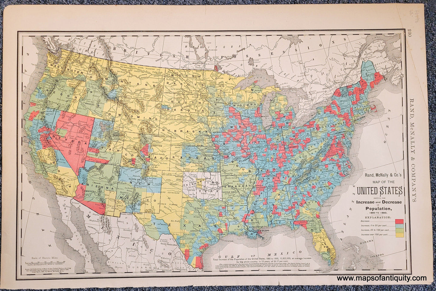 Genuine-Antique-Map-Map-of-the-United-States-showing-the-Increase-and-Decrease-of-Population-1880-to-1890-United-States--1898-Rand-McNally-Maps-Of-Antiquity-1800s-19th-century