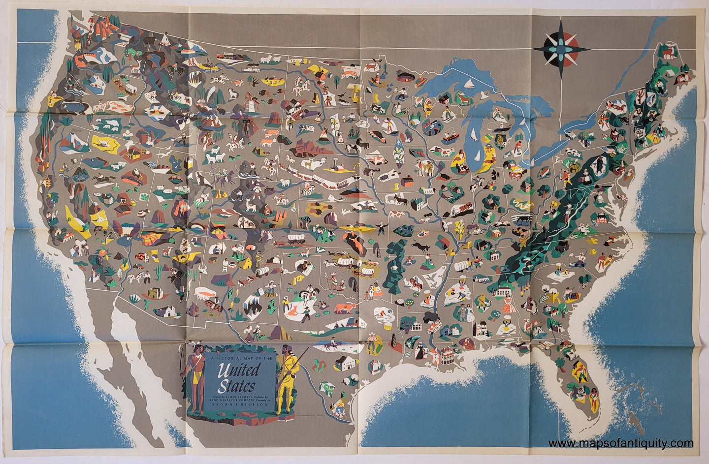 Genuine-Vintage-Map-A-Pictorial-Map-of-the-United-States-1944-Elmer-Jacobs---Rand-McNally-Maps-Of-Antiquity