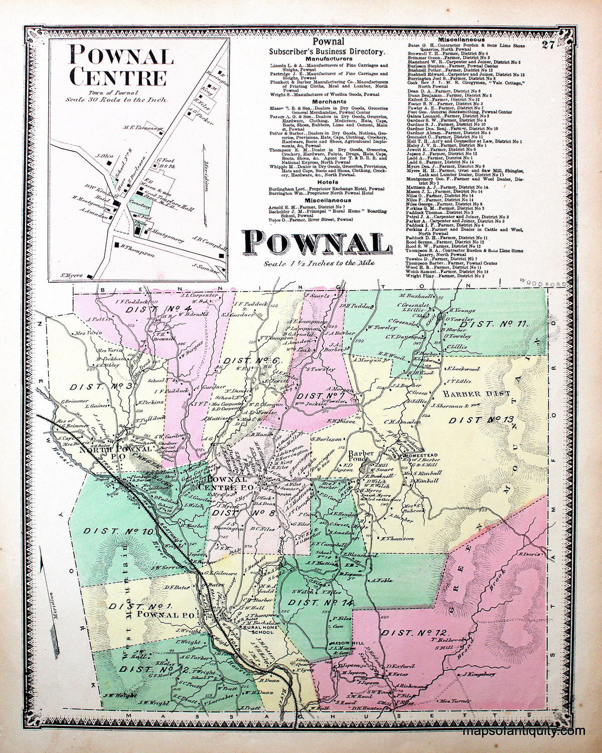 Antique-Hand-Colored-Map-Pownal-Pownal-Centre-VT---Vermont-United-States-Northeast-1869-Beers-Maps-Of-Antiquity