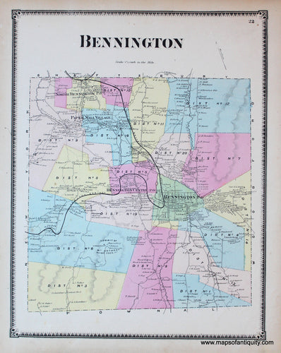 Antique-Hand-Colored-Map-Bennington-Centre-Bennington-VT---Vermont-United-States-Northeast-1869-Beers-Maps-Of-Antiquity