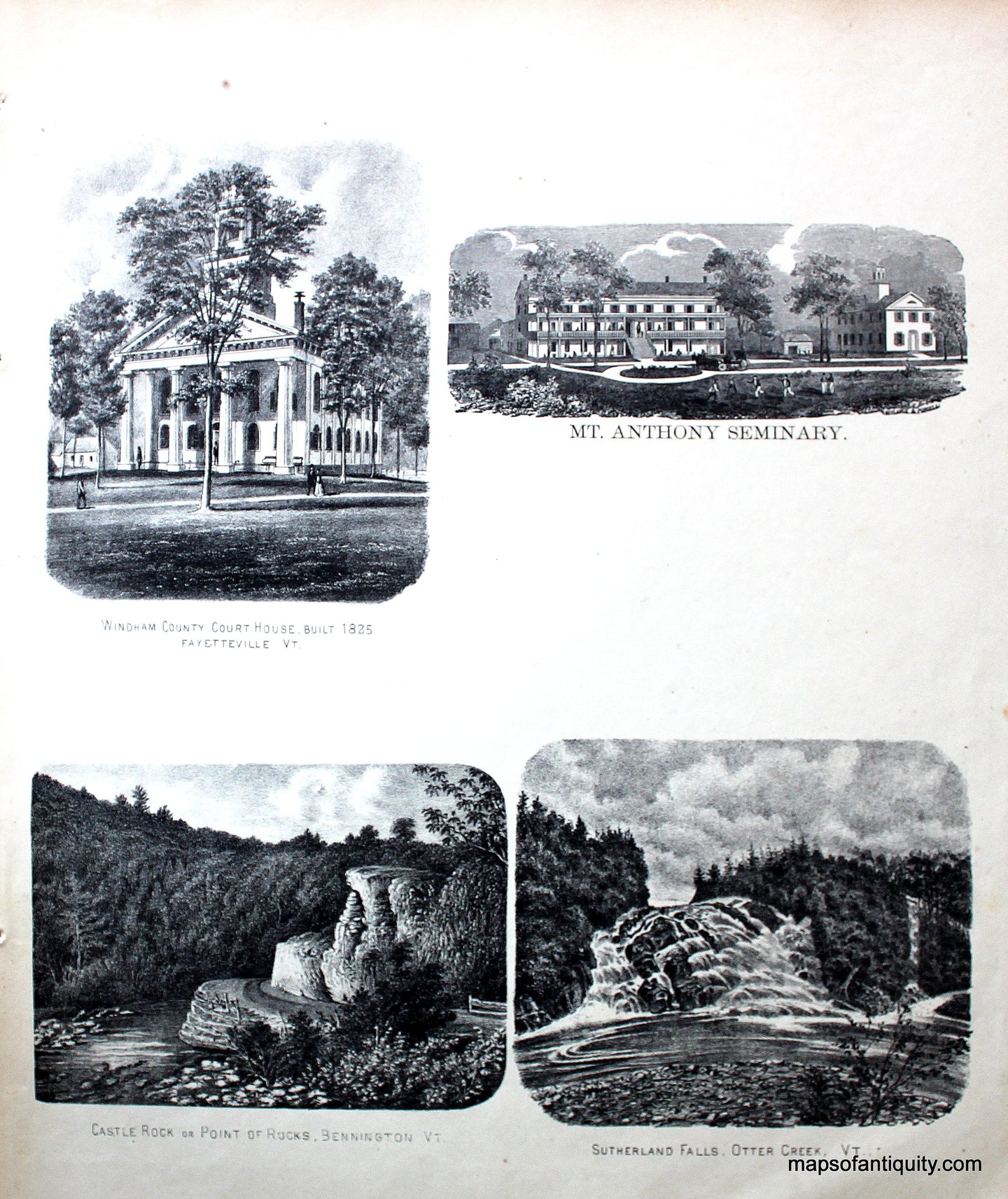 Black-and-White-Engraving-Windham-Co.-Courthouse-Mt.-Anthony-Seminary-Castle-Rock-Sutherland-Falls-VT---Vermont-United-States-Northeast-1869-Beers-Maps-Of-Antiquity