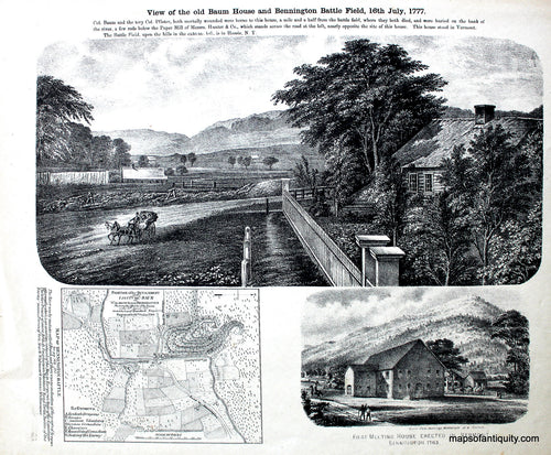 Black-and-White-Engraving-Old-Baum-House-&-Bennington-Battlefield-First-Meeting-House-VT---Vermont-United-States-Northeast-1869-Beers-Maps-Of-Antiquity