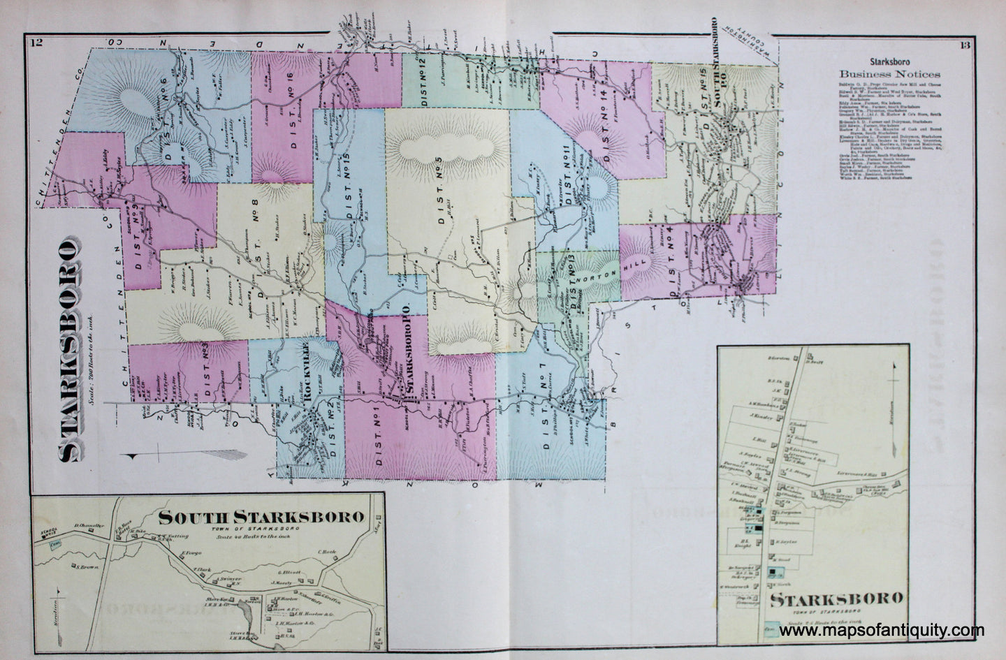 Antique-Hand-Colored-Map-Starksboro-So.-Starksboro-Starksboro-Town-VT---Vermont-United-States-Northeast-1871-Beers-Maps-Of-Antiquity