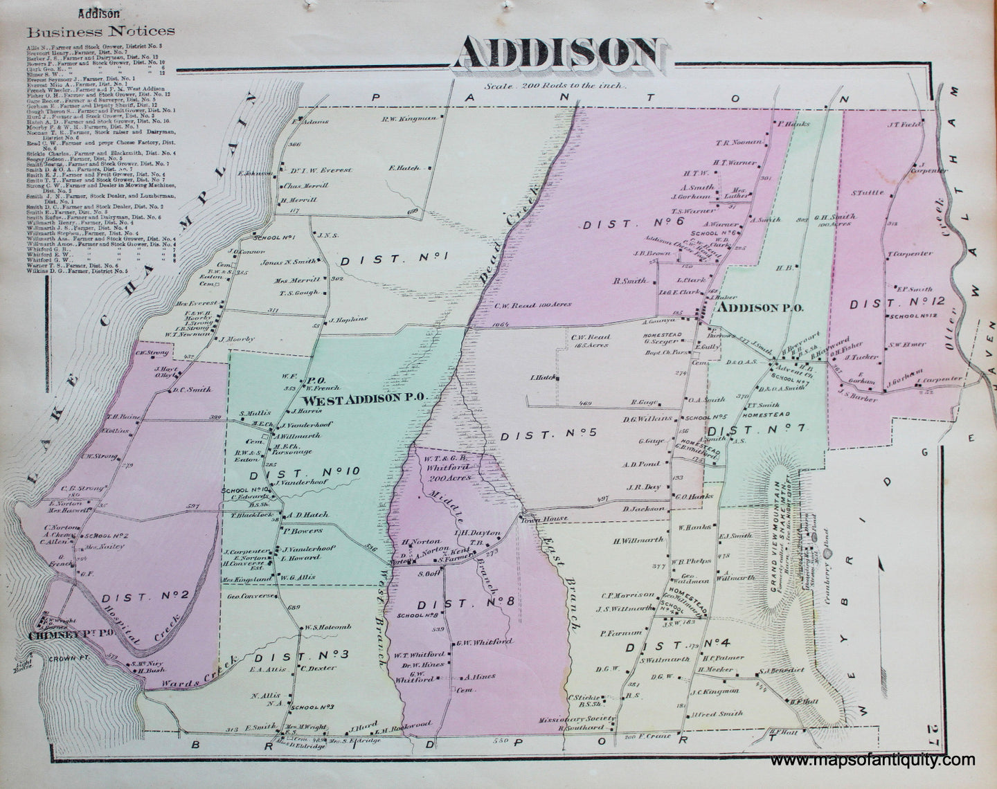 Antique-Hand-Colored-Map-Addison-VT---Vermont-United-States-Northeast-1871-Beers-Maps-Of-Antiquity