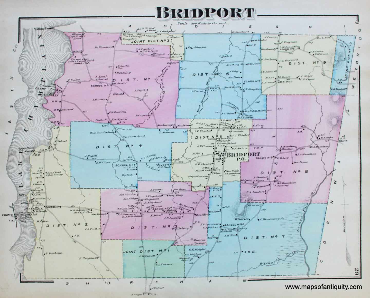 Antique-Hand-Colored-Map-Bridport-VT---Vermont-United-States-Northeast-1871-Beers-Maps-Of-Antiquity