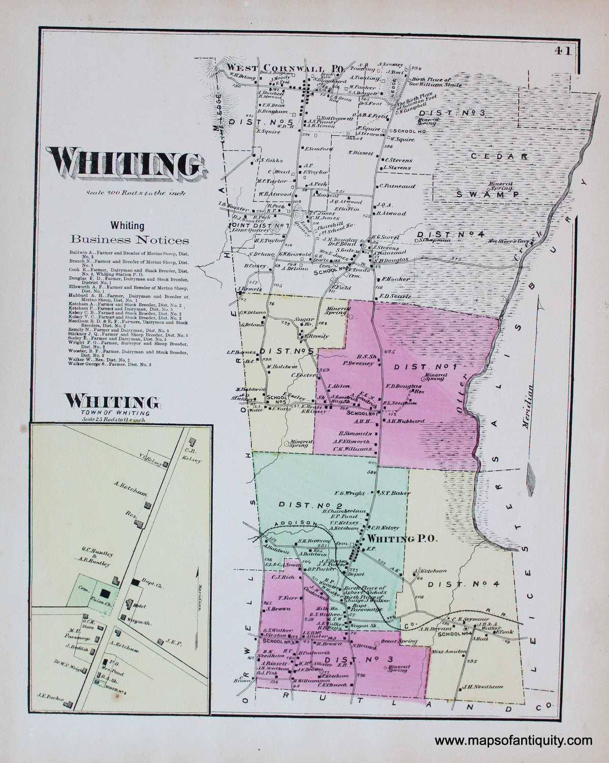 Antique-Hand-Colored-Map-Whiting-Whiting-Town-of-VT---Vermont-United-States-Northeast-1871-Beers-Maps-Of-Antiquity
