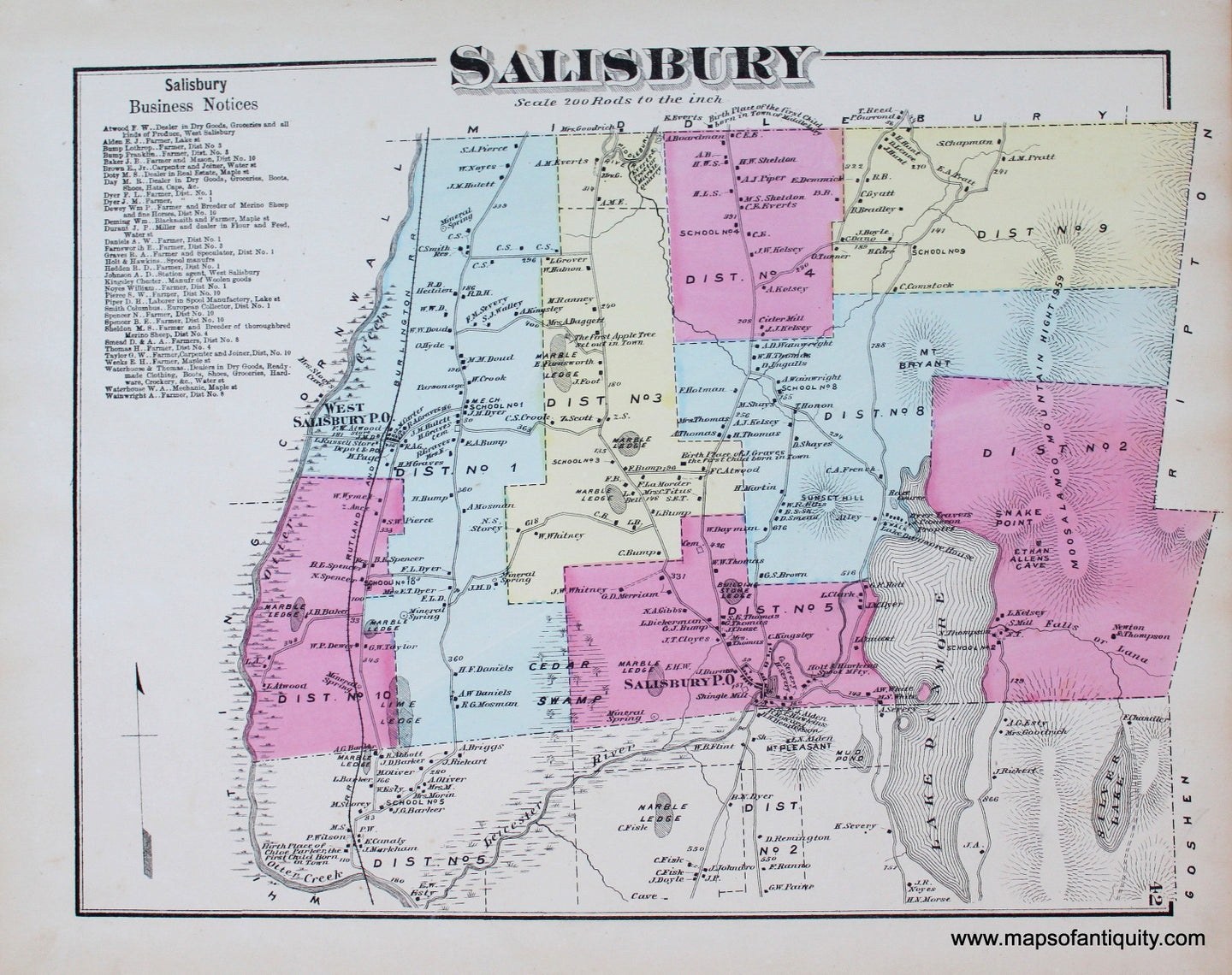 Antique-Hand-Colored-Map-Salisbury-VT---Vermont-United-States-Northeast-1871-Beers-Maps-Of-Antiquity
