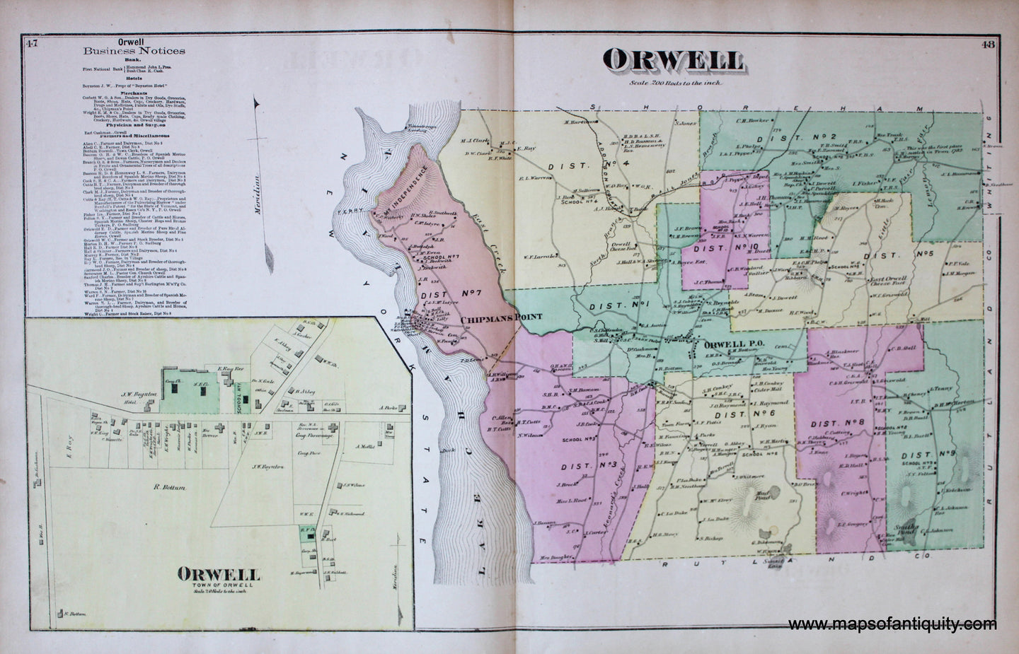 Antique-Hand-Colored-Map-Orwell-Orwell-Town-of-VT---Vermont-United-States-Northeast-1871-Beers-Maps-Of-Antiquity