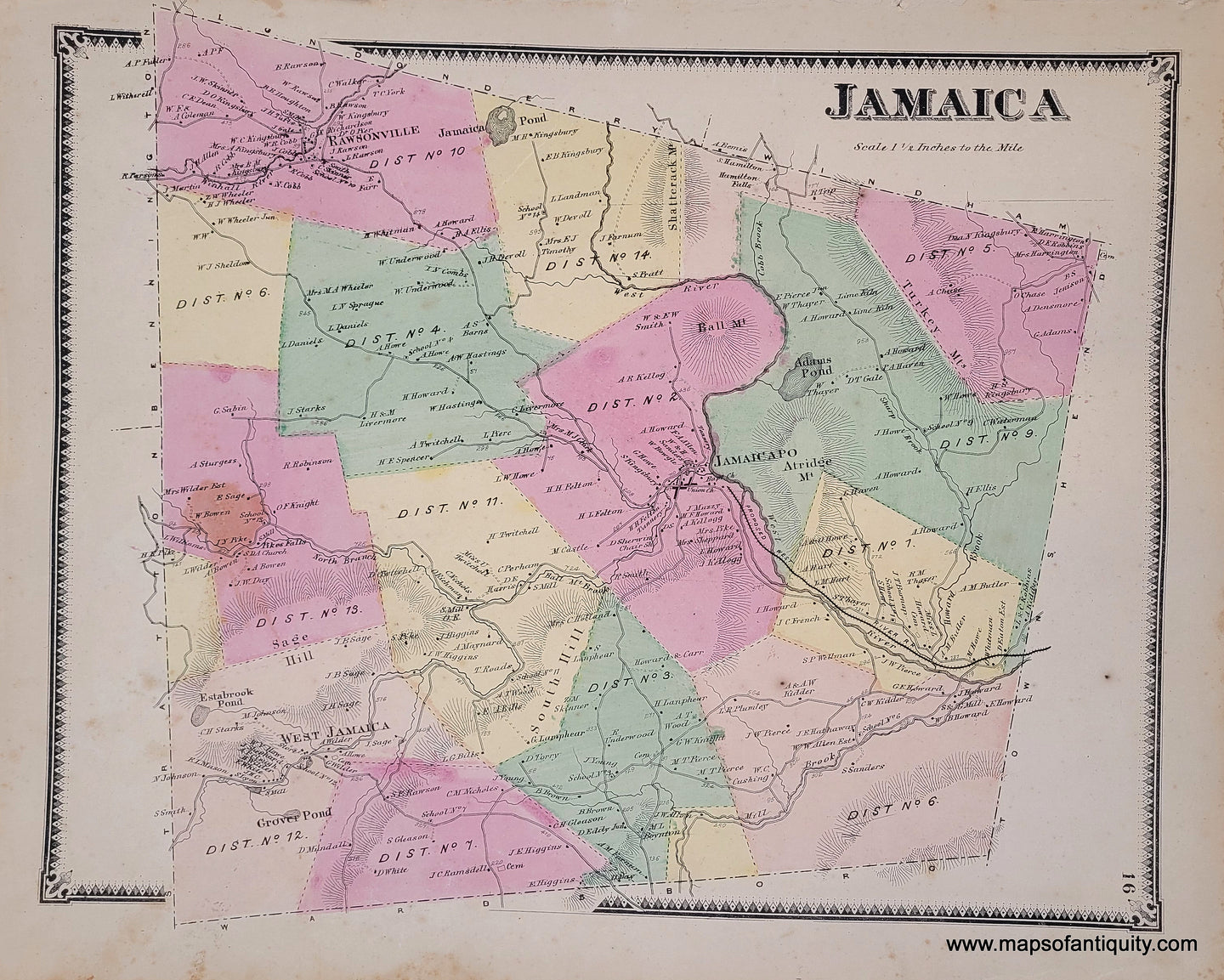 Antique-Hand-Colored-Map-Jamaica-VT---Vermont-United-States-Northeast-1869-Beers-Maps-Of-Antiquity