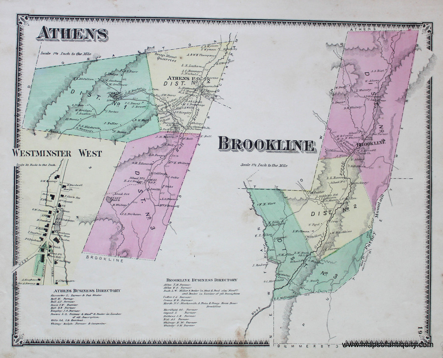 Antique-Hand-Colored-Map-Brookline-VT---Vermont-United-States-Northeast-1869-Beers-Maps-Of-Antiquity