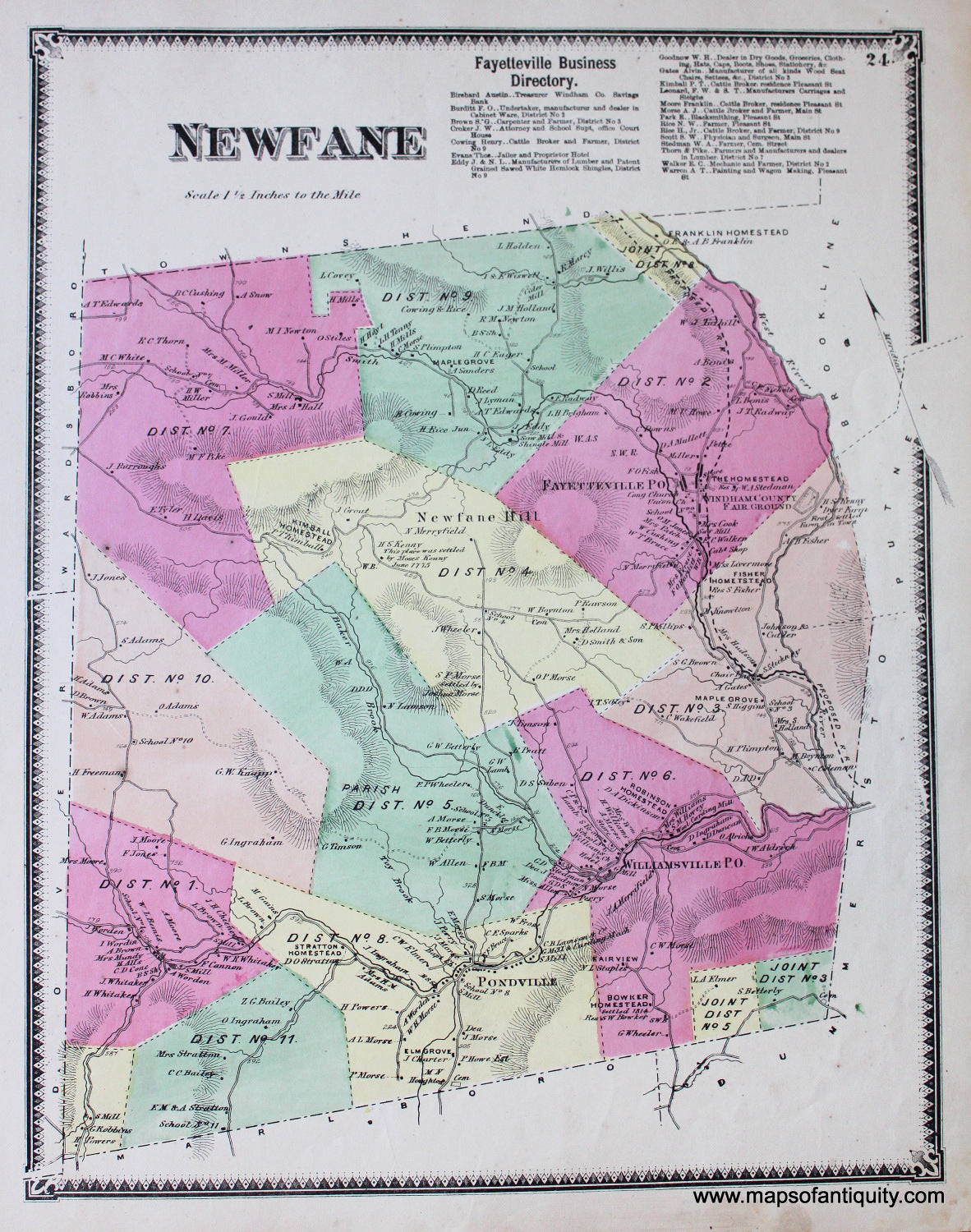 Antique-Hand-Colored-Map-Newfane-VT---Vermont-United-States-Northeast-1869-Beers-Maps-Of-Antiquity