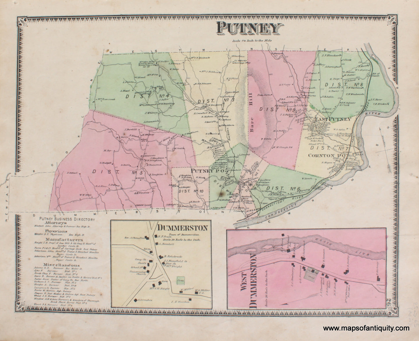Antique-Hand-Colored-Map-Putney-VT---Vermont-United-States-Northeast-1869-Beers-Maps-Of-Antiquity