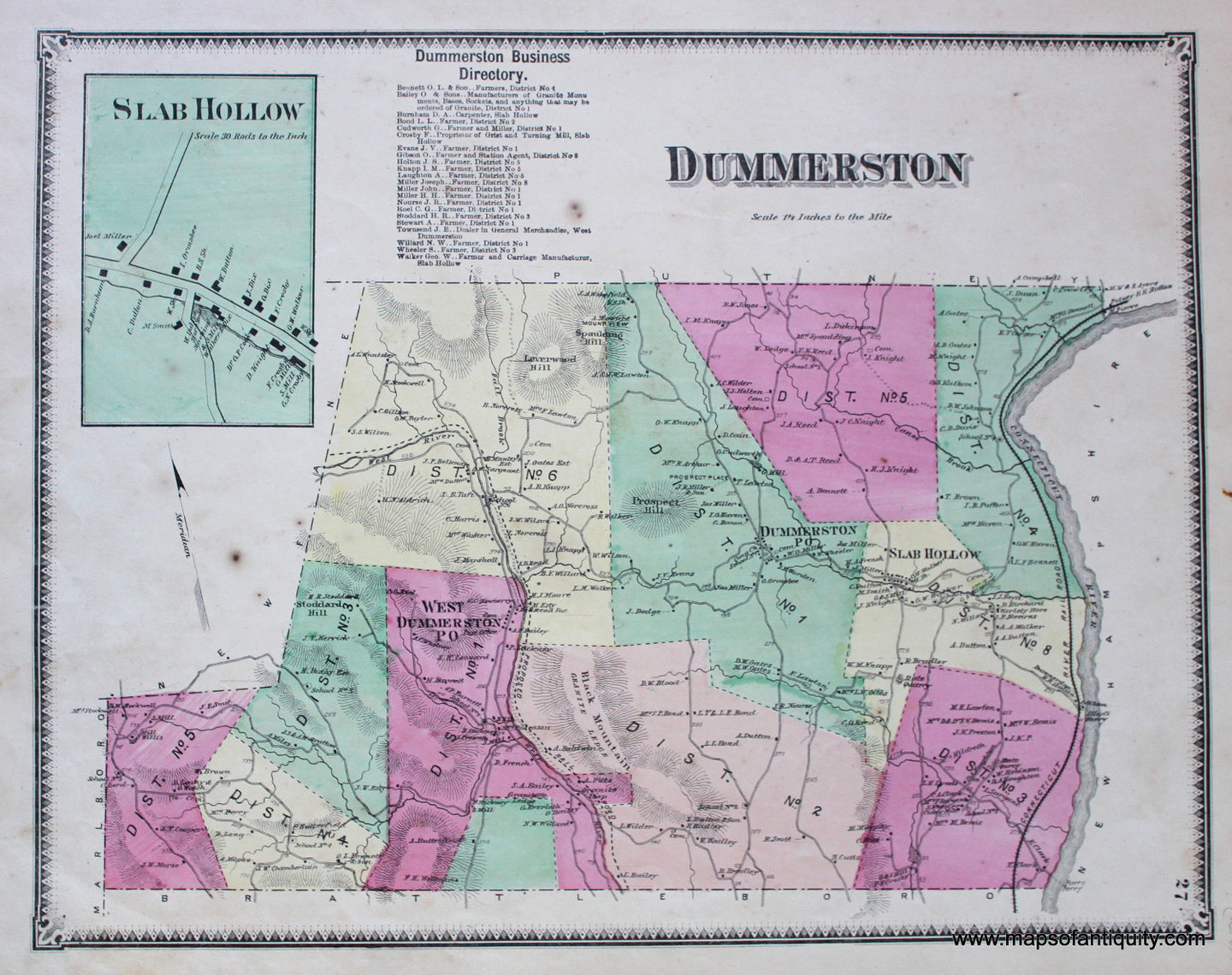 Antique-Hand-Colored-Map-Dummerston-VT---Vermont-United-States-Northeast-1869-Beers-Maps-Of-Antiquity