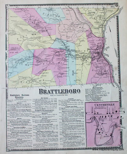 Antique-Hand-Colored-Map-Brattleboro-VT---Vermont-United-States-Northeast-1869-Beers-Maps-Of-Antiquity