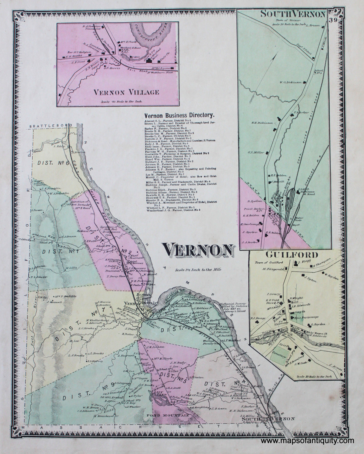 Antique-Hand-Colored-Map-Vernon-VT---Vermont-United-States-Northeast-1869-Beers-Maps-Of-Antiquity
