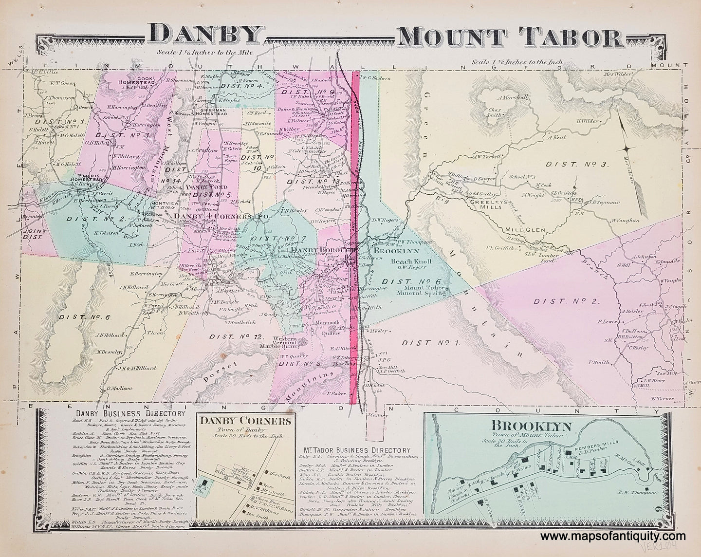 Antique map of Danby and Mount Tabor Vermont VT, hand-colored by district in colors of pale yellow, green, pink, and peach. It shows property owners names along the roads, with rivers and mountains. At the bottom are a Danby business directory, a small enlargement of Danby Corners, a Mt Tabor business directory, and an enlargement of Brooklyn, which is part of Mount Tabor.