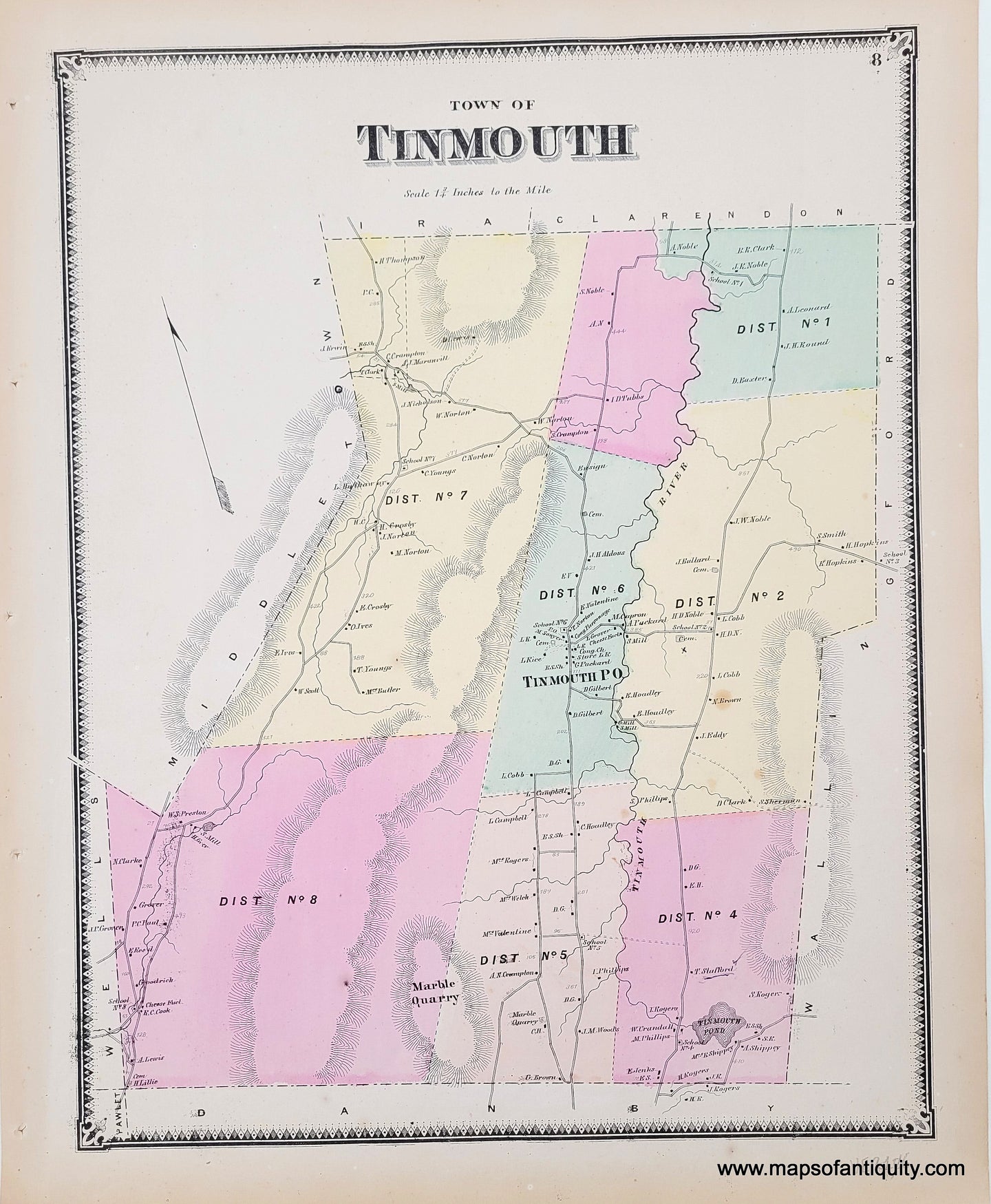 Antique map of Tinmouth Vermont VT, hand-colored by district in colors of pale yellow, green, pink, and peach. It shows property owners names along the roads, with rivers and mountains.