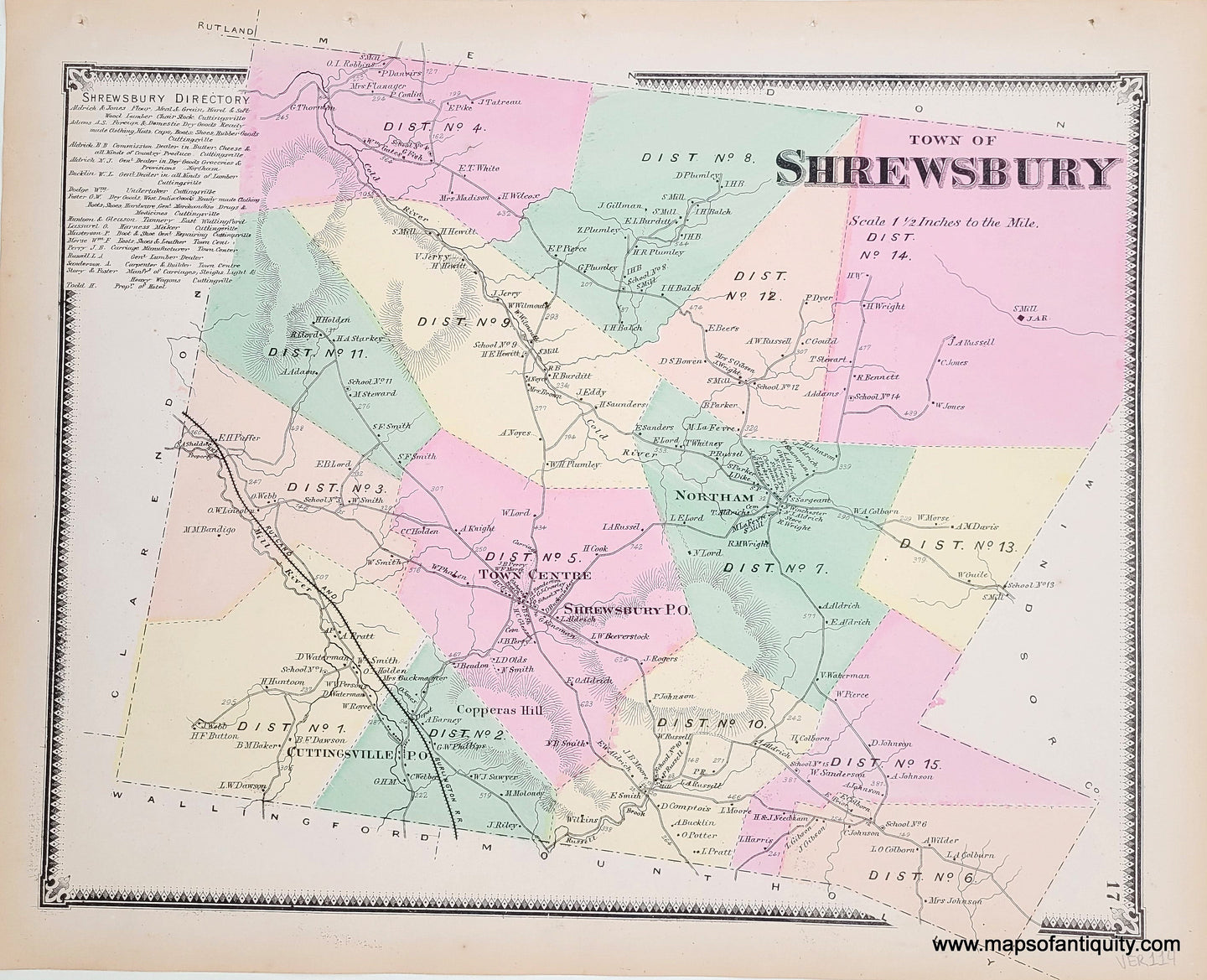 Genuine-Antique-Hand-colored-Map-Shrewsbury-VT-Vermont-1869-Beers-Maps-Of-Antiquity