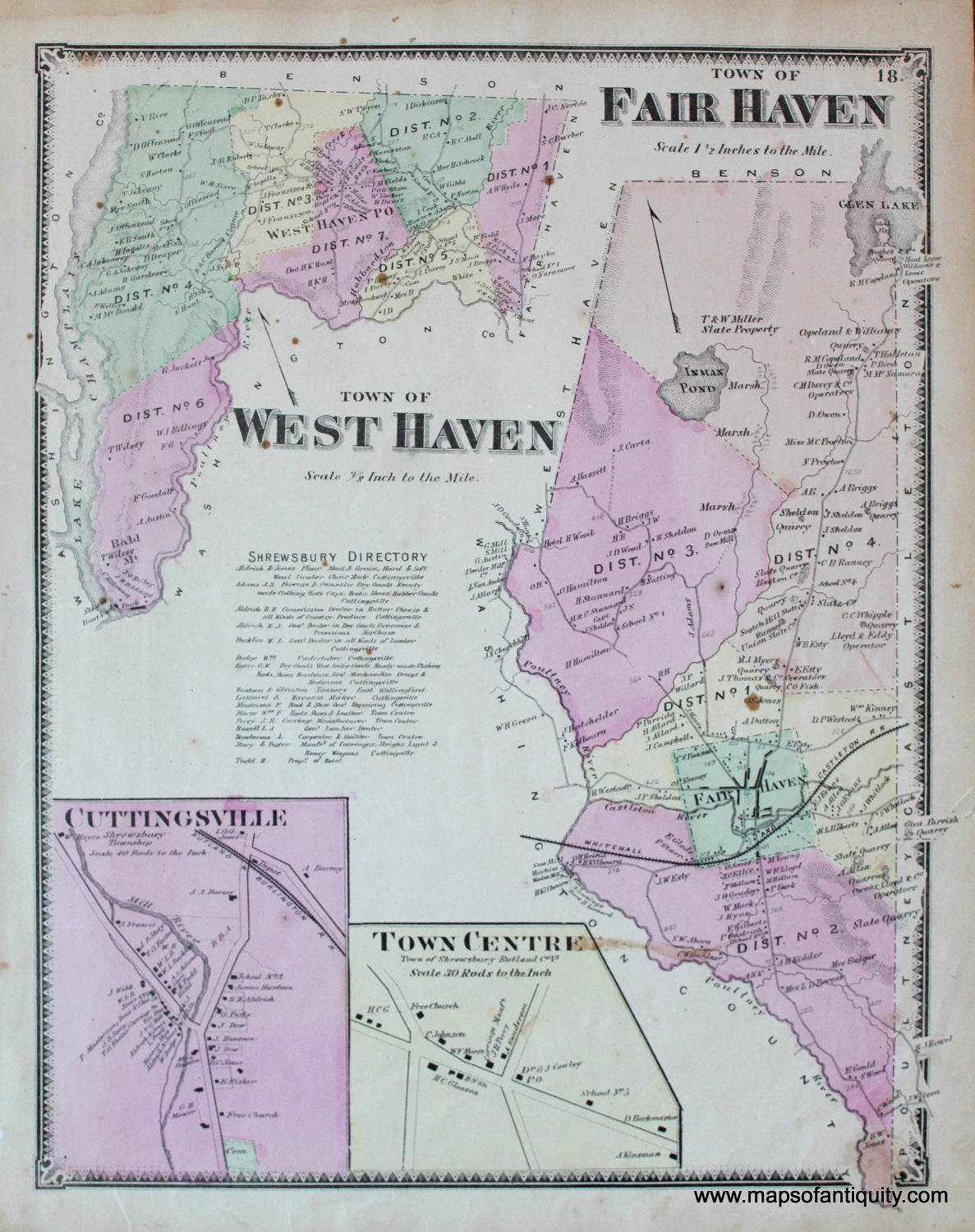 Antique-Hand-Colored-Map-Fair-Haven-and-West-Haven-VT---Vermont-United-States-Northeast-1869-Beers-Maps-Of-Antiquity