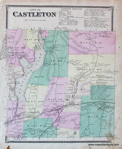 Antique-Hand-Colored-Map-Castleton-VT---Vermont-United-States-Northeast-1869-Beers-Maps-Of-Antiquity
