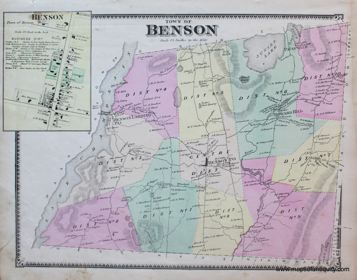 Antique-Hand-Colored-Map-Benson-VT---Vermont-United-States-Northeast-1869-Beers-Maps-Of-Antiquity