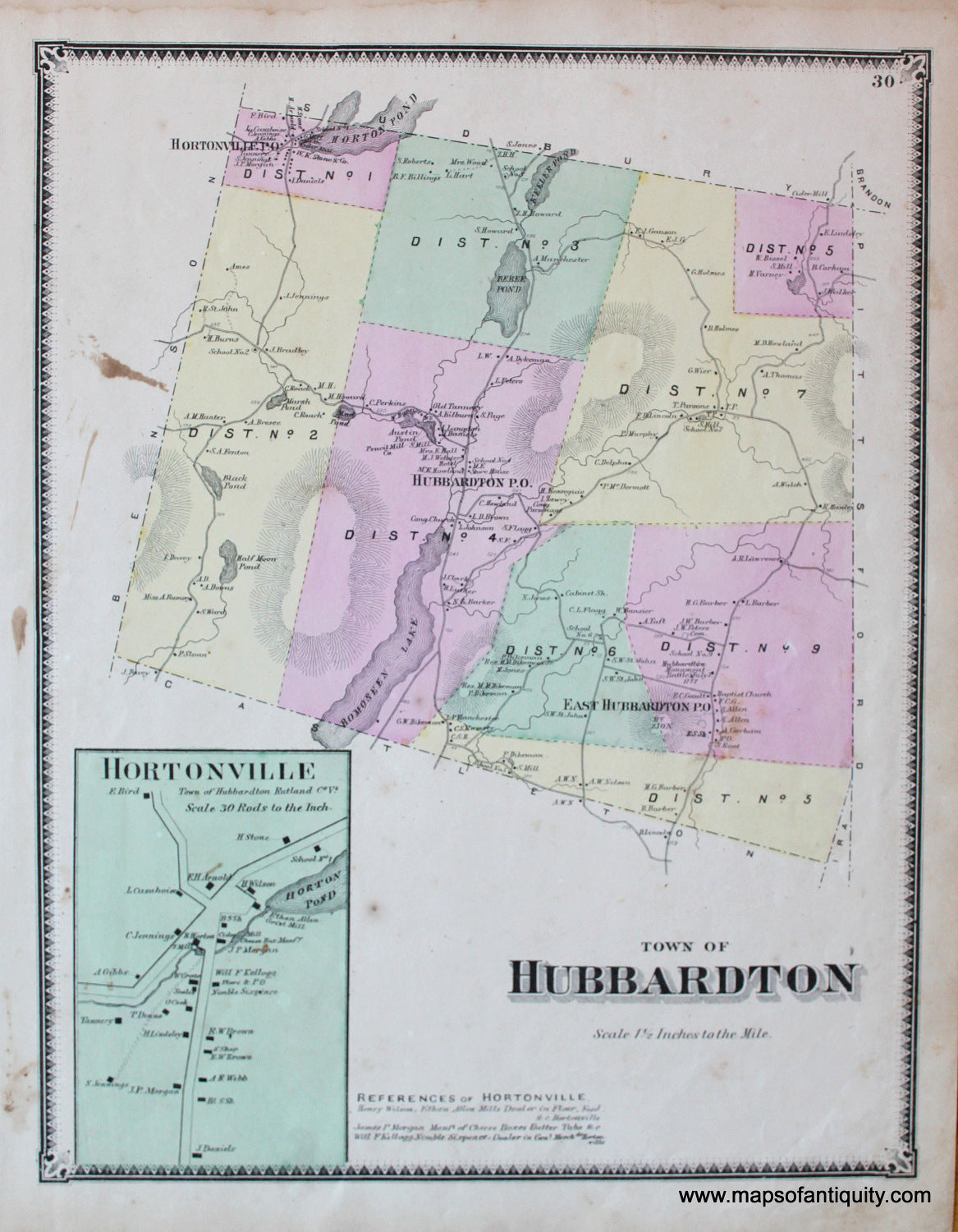 Antique-Hand-Colored-Map-Hubbarton-VT---Vermont-United-States-Northeast-1869-Beers-Maps-Of-Antiquity